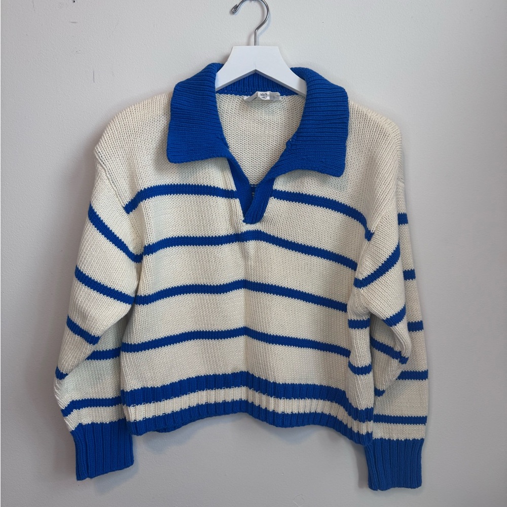 Pomander Place Cerulean Stripe Charlie Polo Sweater, Size XS/S